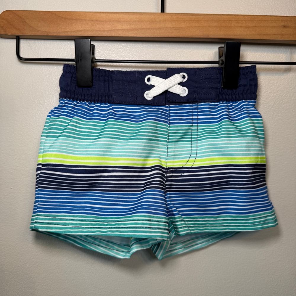 Cat & Jack Baby Boys Blue Green Striped Swim Trunks Board Shorts Size 6-9 Months